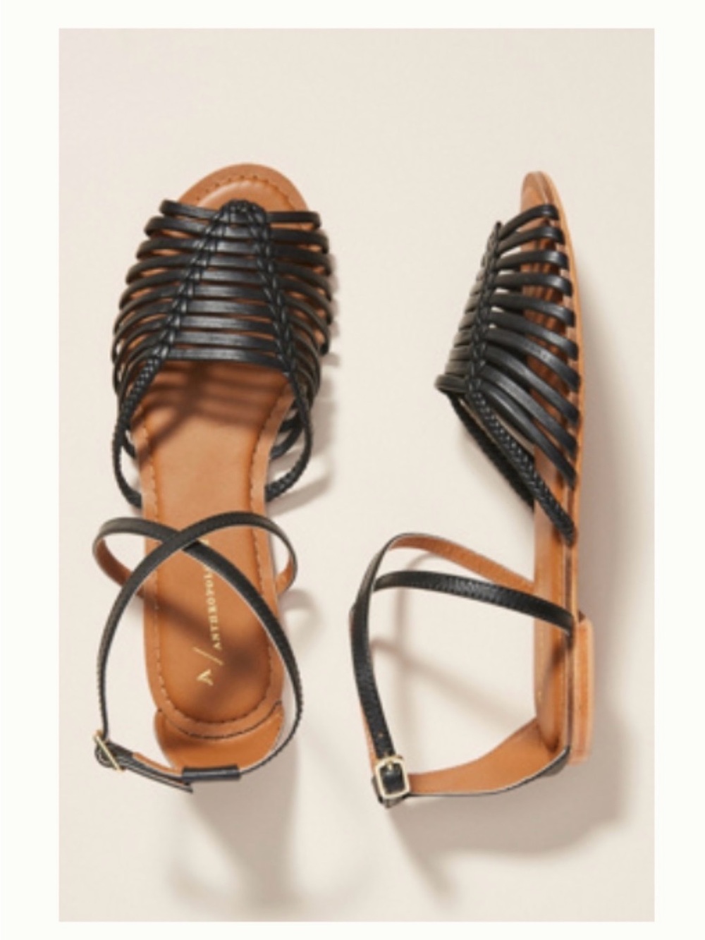 Anthropologie Black Strappy Leather Flat Sandals Size 9